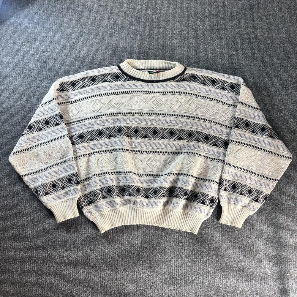 Colore Sweater Mens Large White Geometric Pattern Knit Crewneck Pullover‎ Casual